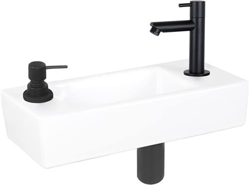 Differnz Sapon fonteinset - 42.5x18.5x9cm - Rechthoek - 1 kraangat - Zwart mat - Keramiek Wit