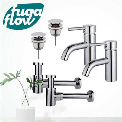 Fortifura Calvi Wastafelkraanset - voor dubbele wastafel - lage wastafelkraan - klikwaste plug - verlaagde design sifon - Chroom