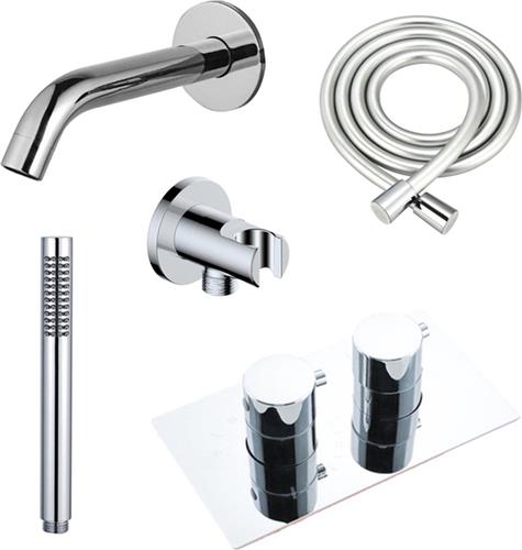 Fortifura Calvi Badkraan set - uitloop - 22cm inkortbaar - gladde slang - staafhanddouche - inbouwdeel - wandhouder - chroom