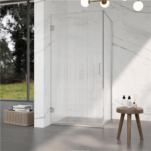 Fortifura Galeria Douchecabine - 90x90x200cm - scharnieren - deurgreep - stabilisatiestang - helder geribbeld - veiligheidsglas - Geborsteld RVS PVD (Rvs)