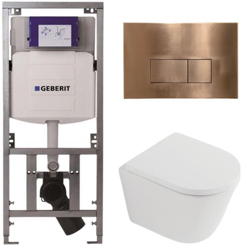 QeramiQ Dely Toiletset - 36.3x51.7cm - diepspoel - rimless - Geberit UP320 inbouwreservoir - softclose toilet zitting 35 mm - koperen bedieningsplaat - rechthoekige knoppen - mat wit