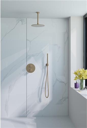 Fortifura Calvi Inbouw Regendoucheset - rond - thermostatisch - plafondarm - 25cm hoofddouche - staaf handdouche - gladde slang - Geborsteld Messing PVD (Goud)