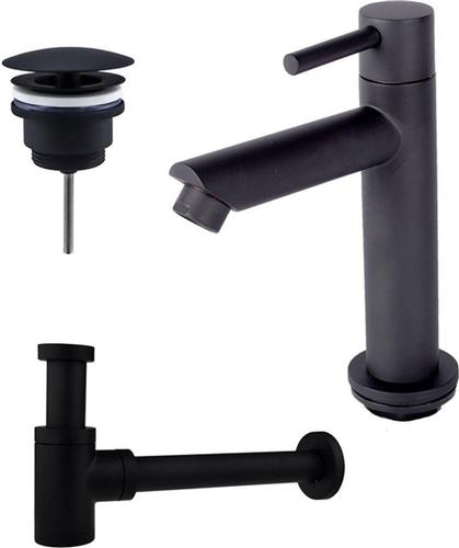 Fortifura Calvi fonteinkraanset met staande fonteinkraan laag, always open plug en design sifon Mat Zwart