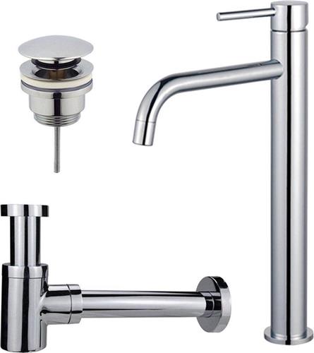Fortifura Calvi Slim Wastafelkraanset - verhoogde wastafelkraan - klikwaste plug - verlaagde design sifon - Chroom