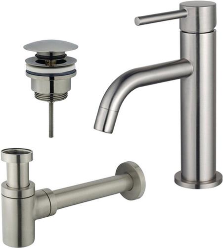 Fortifura Calvi Slim Wastafelkraanset - lage wastafelkraan - klikwaste plug - verlaagde design sifon - Geborsteld RVS PVD (RVS)