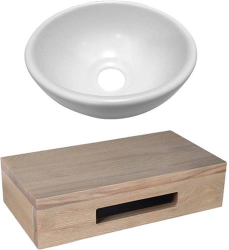 Adema Fonteinset met Waskom 20x20x9cm glans wit fonteinplank 40x25x10cm rechthoek met handdoekhouder eiken
