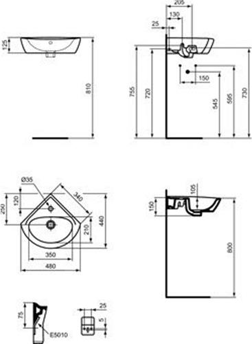 Ideal Standard Eurovit hoekfontein met kraangat met overloop 34x34cm keramiek wit