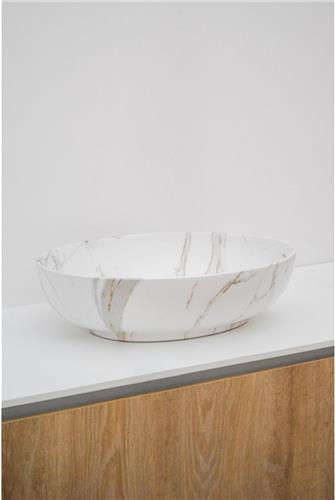 Riho Marmic Oval Waskom 52x39.5x13cm Keramiek Ovaal marmer mat wit