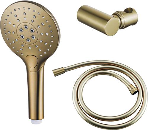 Fortifura Calvi Handdoucheset - Ø12 - rond - 3 straalsoorten - met houder - met gladde slang - 150cm - Geborsteld Messing PVD (Goud)