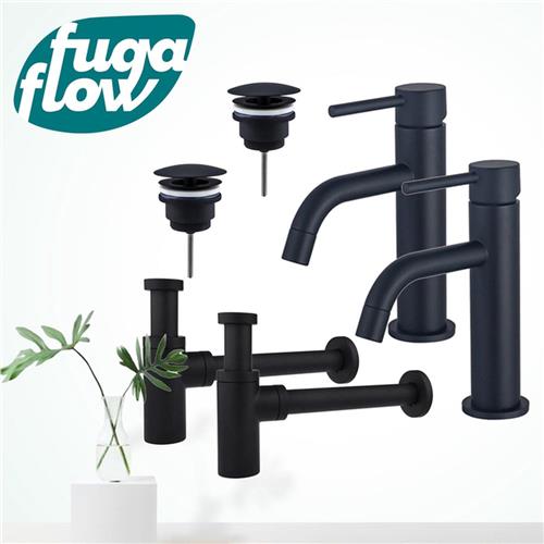 Fortifura Calvi Slim Wastafelkraanset - voor dubbele wastafel - lage wastafelkraan - always open plug - design sifon - Mat zwart