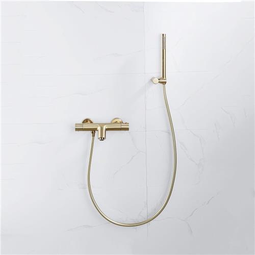 Fortifura Calvi Thermostatische badkraan met staafhanddouche, handdouchehouder en gladde doucheslang Geborsteld Messing PVD (Goud)