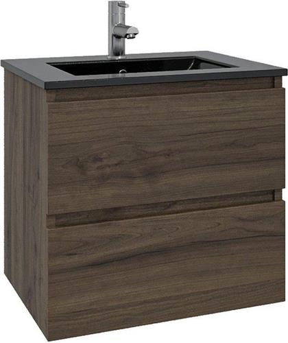 Adema Chaci Badkamermeubelset - 60x46x57cm - 1 keramische wasbak zwart - 1 kraangat - 2 lades - noten (hout)