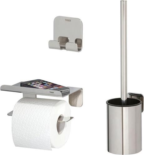 Tiger Colar Toiletaccessoireset - Toiletborstel met houder - Toiletrolhouder met planchet - Handdoekhaak  RVS gepolijst