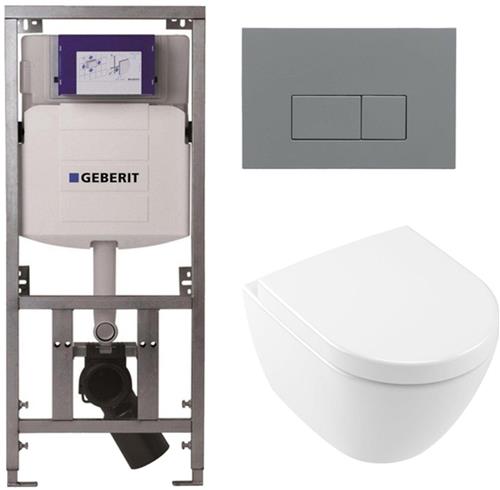 Villeroy & Boch Subway 2.0 compact DirectFlush Toiletset - Geberit reservoir - softclose - quickrelease - bedieningsplaat bedieningsplaat licht grijs - rechthoekige knoppen - wit