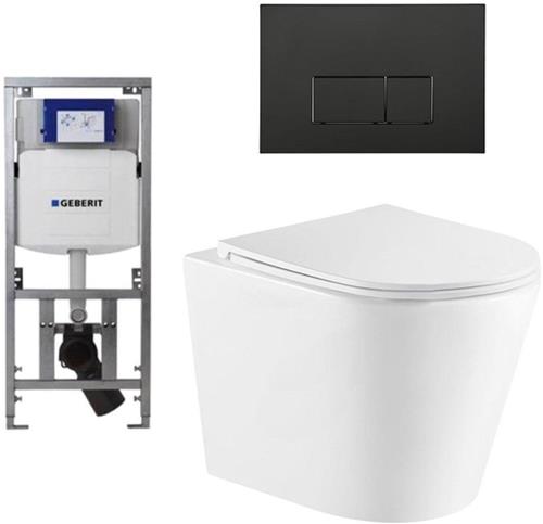 QeramiQ Dely Toiletset - 36.3x51.7cm - diepspoel - rimless - Geberit UP320 Burda inbouwreservoir - softclose toiletzitting - mat zwarte bedieningsplaat - rechtehoekige knoppen - wit glans