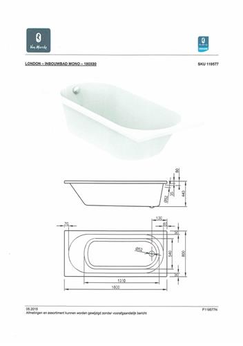 Nemo Spring London inbouwbad mono 180x80x44cm 225L met potenstel wit acryl
