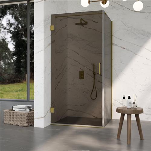 Fortifura Galeria Douchecabine - 90x90x200cm - scharnieren - deurgreep - vlak - rookglas - Geborsteld messing PVD (Goud)