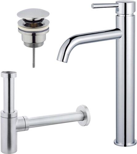 Fortifura Calvi Wastafelkraanset - verhoogde wastafelkraan - klikwaste plug - design sifon - Chroom