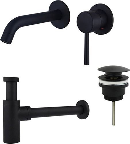Fortifura Calvi Slim Wastafelkraanset - inbouw wastafelkraan - klikwaste plug - design sifon - Mat zwart