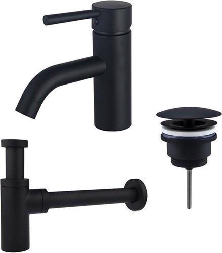 Fortifura Calvi Wastafelkraanset - lage wastafelkraan - always open plug - design sifon - Mat zwart