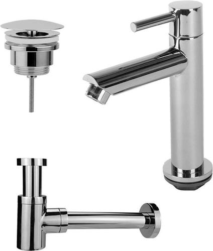 Fortifura Calvi fonteinkraanset met staande fonteinkraan laag, always open plug en design sifon Chroom