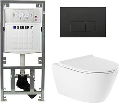 QeramiQ Salina rimless toiletset - Geberit inbouwreservoir - Wandcloset - Wit  Softclose  Quickrelease  Rechthoekige knoppen  Mat zwart