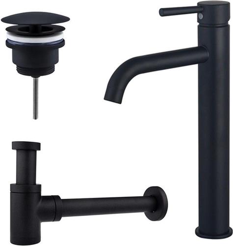 Fortifura Calvi Wastafelkraanset - verhoogde wastafelkraan - always open plug - verlaagde design sifon - Mat zwart