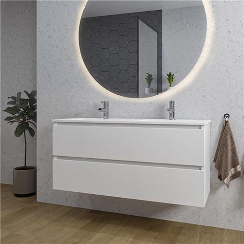 Adema Chaci Badkamermeubelset - 120x46x57cm - 2 keramische wasbakken wit - 2 kraangaten - 2 lades - ronde spiegel met verlichting - mat wit