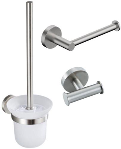 Fortifura Calvi Toiletset 3-delig - toiletrolhouder zonder klep - toiletborstel - handdoekhaak dubbel rond - Geborsteld RVS PVD (RVS)