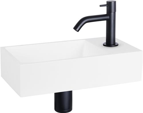 Differnz Solid Fonteinset - Wasbak Solid Surface - Wit - Gebogen Kraan - Mat Zwart - Standaard Greep - 36 x 18.5 x 9 cm
