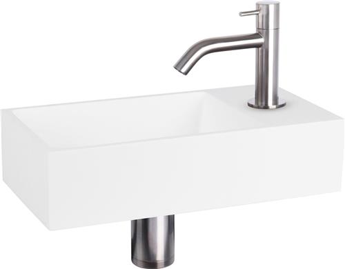 Differnz Solid Fonteinset - Wasbak Solid Surface - Wit - Gebogen Kraan - Mat Chroom - Standaard Greep - 36 x 18.5 x 9 cm