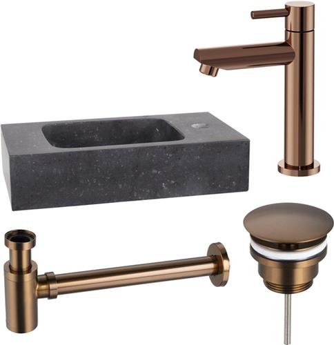 Fortifura Fuente fonteinset - 40x22x9cm - 1 kraangat - natuursteen - fonteinkraan koper - zwart