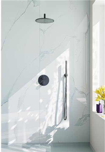 Fortifura Calvi Inbouw Regendoucheset - rond - thermostatisch - wandarm - 25cm hoofddouche - staaf handdouche - gladde doucheslang - Geborsteld Gunmetal PVD