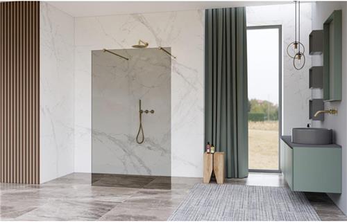 Fortifura Galeria Vrijstaande Inloopdouche - 90x200cm - Rookglas - antikalk - 8mm veiligheidsglas - wandsteunen - Geborsteld Messing PVD (Goud)