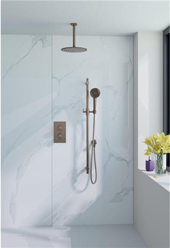 Fortifura Calvi Inbouw Regendoucheset - thermostatisch - plafondarm - glijstang - 25cm hoofddouche - ronde handdouche - metalen doucheslang - geborsteld koper PVD (Koper)