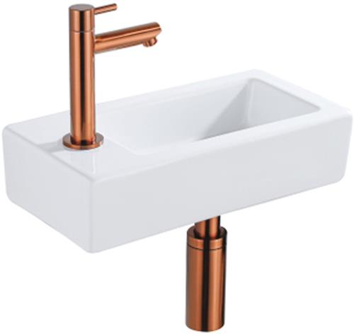 QeramiQ Fuente Fonteinset - 37.5x18.5x9cm - keramiek - kraangat links - fonteinkraan geborsteld koper - afvoerplug - verlaagd sifon - Glans wit