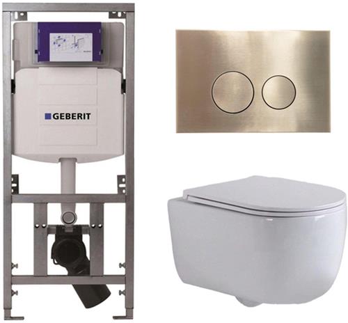 QeramiQ Dely Swirl Toiletset - 36.3x51.7cm - Geberit UP320 Burda inbouwreservoir -slim zitting - geborsteld messing bedieningsplaat - ronde knoppen - wit glans