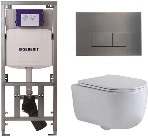 QeramiQ Dely Swirl Toiletset - 36.3x51.7cm - Geberit UP320 Burda inbouwreservoir - slim zitting - gunmetal bedieningsplaat - rechthoekige knoppen - wit glans