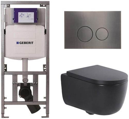 QeramiQ Dely Swirl Toiletset - 36.3x51.7cm - Geberit UP320 Burda inbouwreservoir - 35mm zitting - gunmetal bedieningsplaat - ronde knoppen - mat zwart