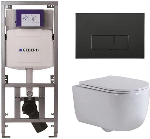 QeramiQ Dely Swirl Toiletset - 36.3x51.7cm - Geberit UP320 Burda inbouwreservoir - slim zitting - mat zwarte bedieningsplaat - rechthoekige knoppen - wit glans