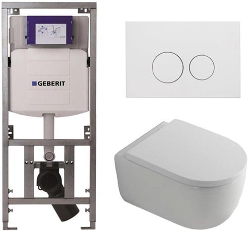 QeramiQ Dely Swirl Toiletset - 36.3x51.7cm - Geberit UP320 Burda inbouwreservoir - 35mm zitting - mat witte metalen bedieningsplaat - ronde knoppen - wit glans