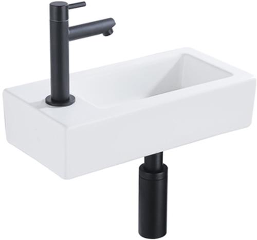 QeramiQ Fuente Fonteinset - 37.5x18.5x9cm - keramiek - kraangat links - fonteinkraan zwart mat - afvoerplug - verlaagd sifon - Mat wit