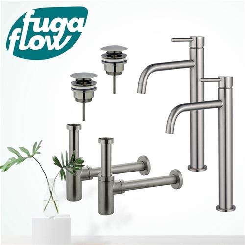 Fortifura Calvi Slim Wastafelkraanset - voor dubbele wastafel - verhoogde wastafelkraan - klikwaste plug - design sifon - Geborsteld RVS PVD (RVS)
