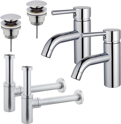 Fortifura Calvi Wastafelkraanset - voor dubbele wastafel - lage wastafelkraan - klikwaste plug - design sifon - Chroom