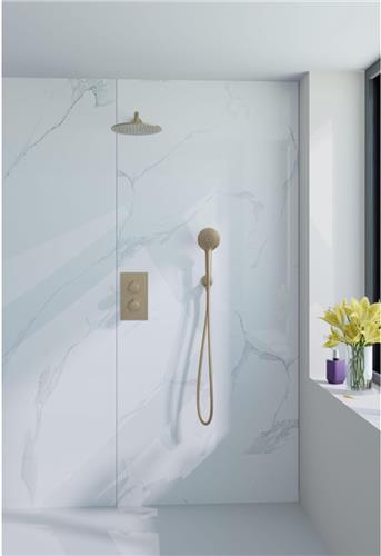 Fortifura Calvi Inbouw Regendoucheset - thermostatisch - wandarm - 30cm hoofddouche - ronde handdouche - gladde doucheslang - Geborsteld Messing PVD (Goud)