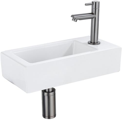 QeramiQ Fuente Fonteinset - 37.5x18.5x9cm - keramiek - kraangat rechts - fonteinkraan gunmetal - afvoerplug - verlaagd sifon - Mat wit