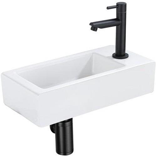 QeramiQ Fuente Fonteinset - 37.5x18.5x9cm - keramiek - kraangat rechts - fonteinkraan zwart mat - afvoerplug - verlaagd sifon - Glans wit