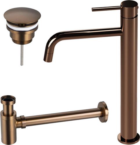 Fortifura Calvi Slim Wastafelkraanset - verhoogde wastafelkraan - always open plug - verlaagde design sifon - Geborsteld koper PVD (Koper)