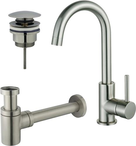 Fortifura Calvi Wastafelkraanset - hoge wastafelkraan - draaibare uitloop - klikwaste plug - verlaagde design sifon - Geborsteld RVS PVD (RVS)