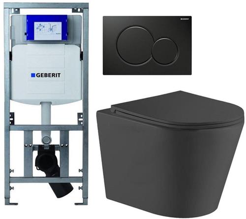 QeramiQ Dely Toiletset - Geberit UP320 Burda inbouwreservoir - zwart glanzende bedieningsplaat - toilet - zitting - mat zwart
